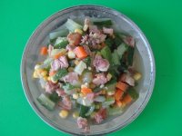 烤鴨肉炒三?。S瓜丁胡蘿卜丁玉米粒）
